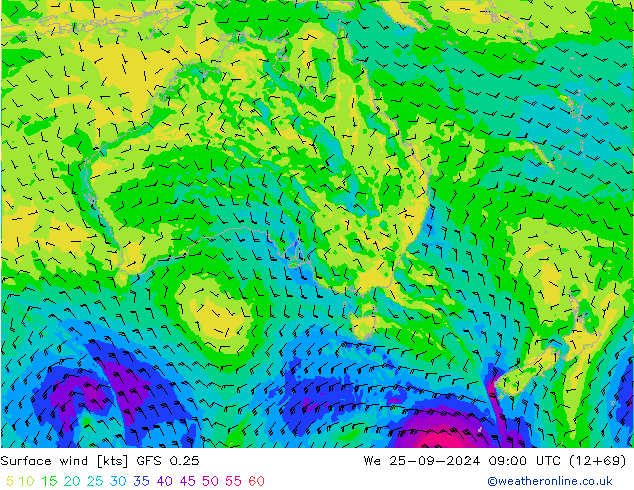 Vento 10 m GFS 0.25 Qua 25.09.2024 09 UTC