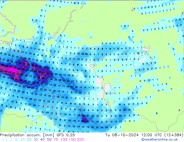 Precipitation accum. GFS 0.25 Tu 08.10.2024 12 UTC