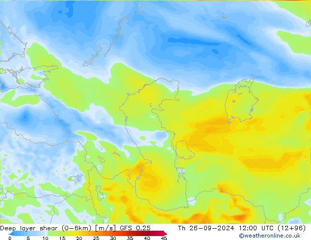 Deep layer shear (0-6km) GFS 0.25 gio 26.09.2024 12 UTC