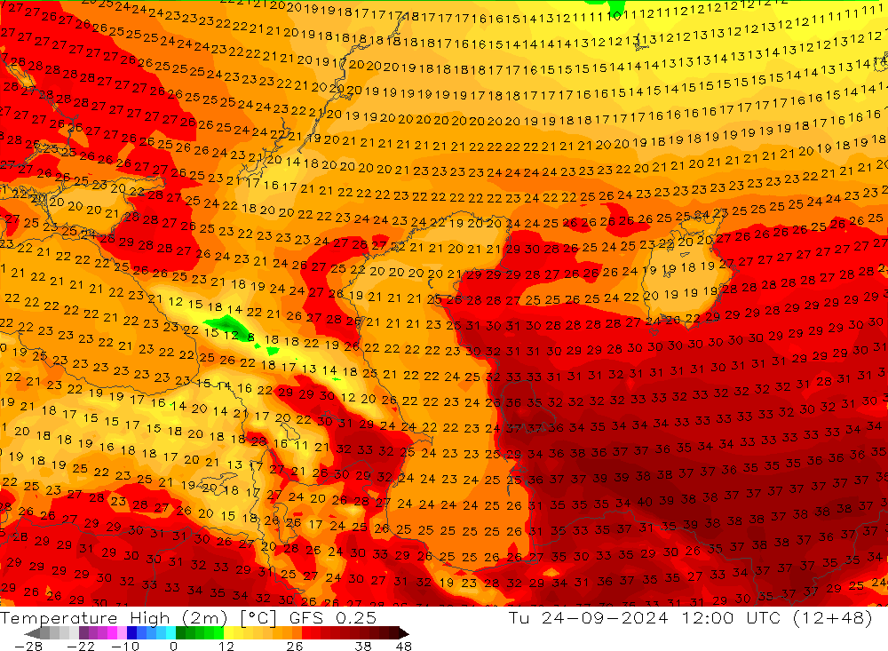 Maksimum Değer (2m) GFS 0.25 Sa 24.09.2024 12 UTC