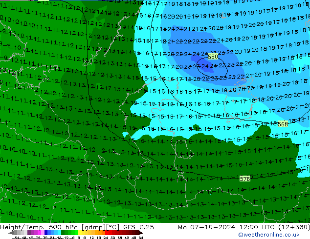 Height/Temp. 500 hPa GFS 0.25 Po 07.10.2024 12 UTC