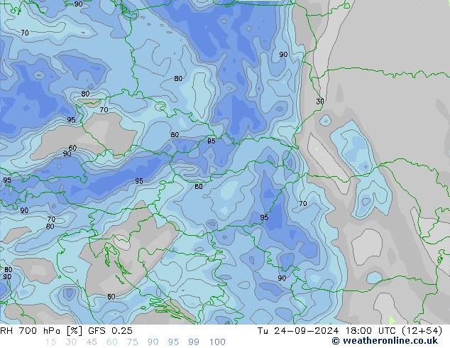 RH 700 hPa GFS 0.25 Di 24.09.2024 18 UTC