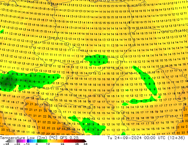 Nejnižší teplota (2m) GFS 0.25 Út 24.09.2024 00 UTC