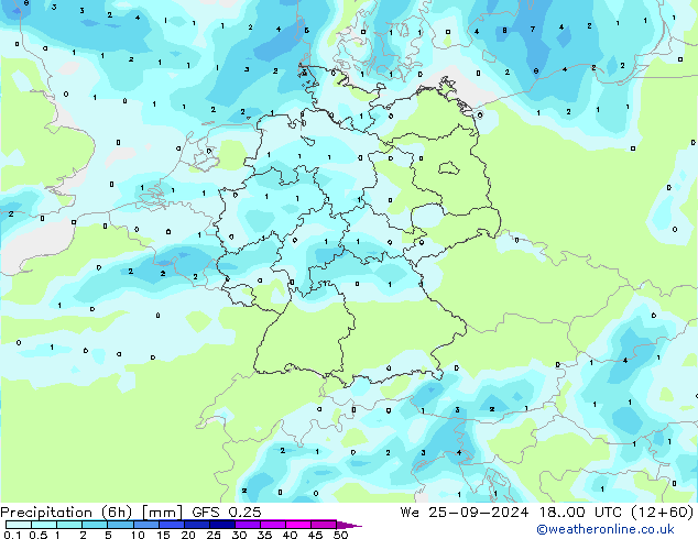 Z500/Rain (+SLP)/Z850 GFS 0.25 Qua 25.09.2024 00 UTC