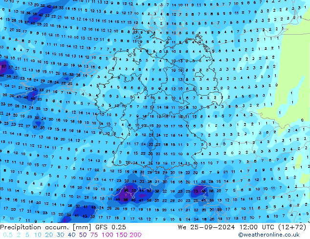 Precipitation accum. GFS 0.25 We 25.09.2024 12 UTC