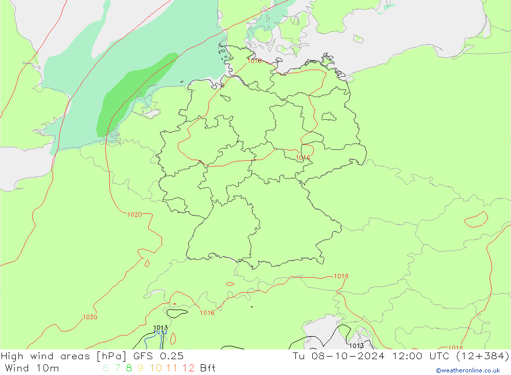 yüksek rüzgarlı alanlar GFS 0.25 Sa 08.10.2024 12 UTC