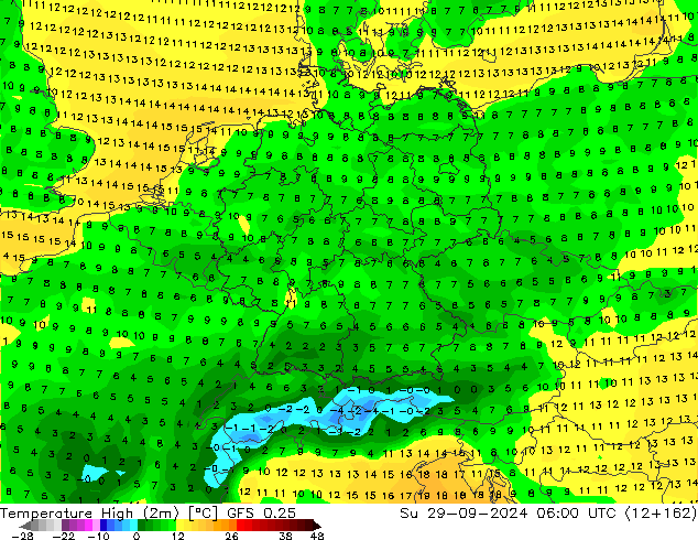 Max. Temperatura (2m) GFS 0.25 nie. 29.09.2024 06 UTC