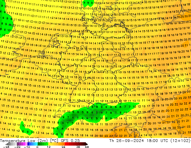 Temp. minima (2m) GFS 0.25 gio 26.09.2024 18 UTC