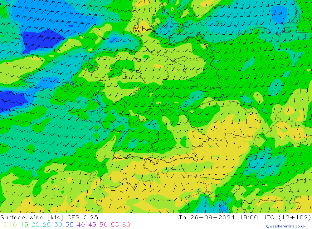 Surface wind GFS 0.25 Th 26.09.2024 18 UTC