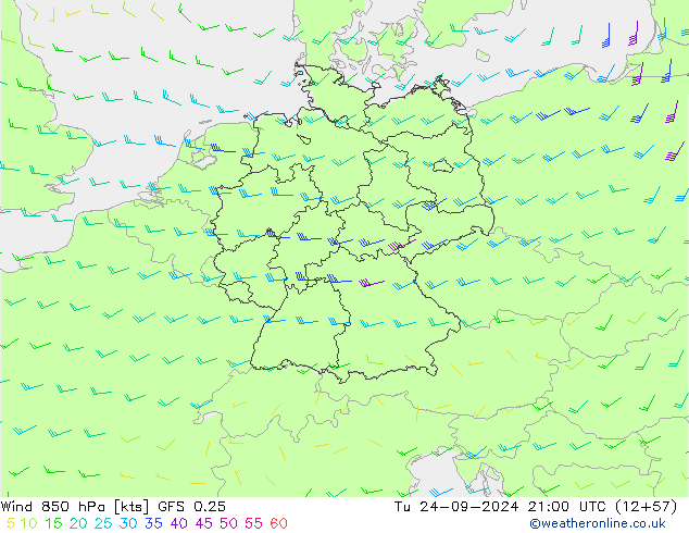 Wind 850 hPa GFS 0.25 Di 24.09.2024 21 UTC