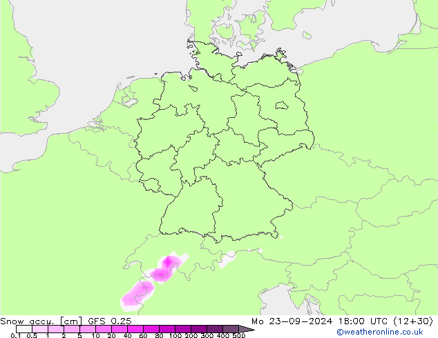 Snow accu. GFS 0.25 Mo 23.09.2024 18 UTC