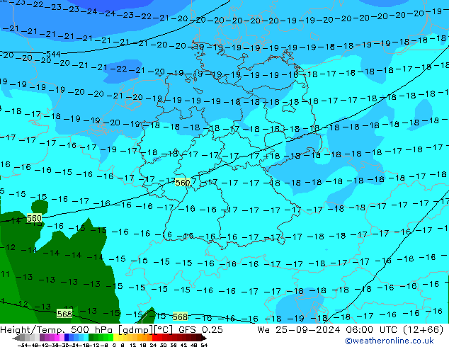 Z500/Rain (+SLP)/Z850 GFS 0.25 We 25.09.2024 06 UTC