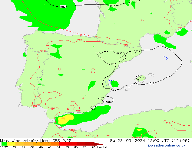 Max. wind velocity GFS 0.25 Su 22.09.2024 18 UTC