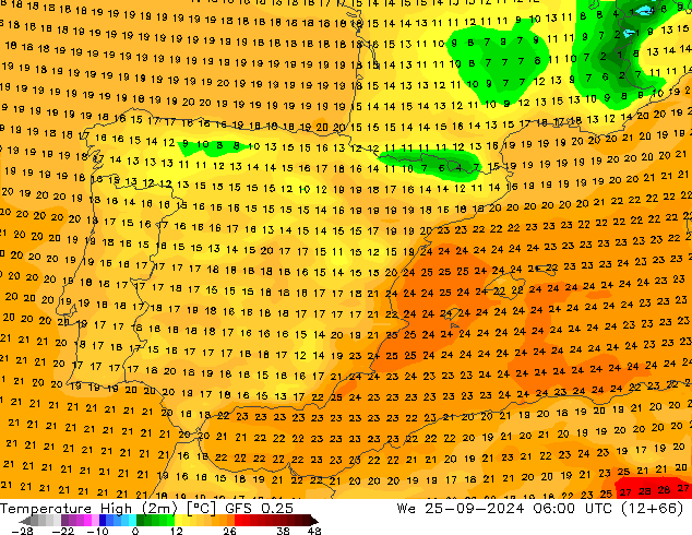 Maksimum Değer (2m) GFS 0.25 Çar 25.09.2024 06 UTC