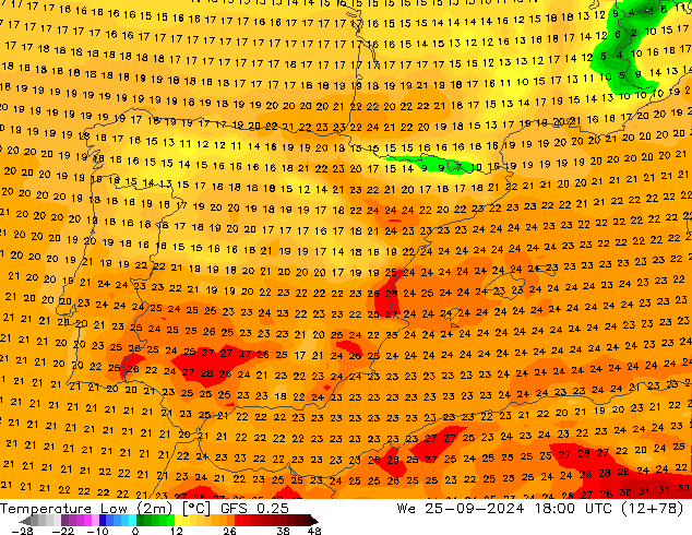 Tiefstwerte (2m) GFS 0.25 Mi 25.09.2024 18 UTC