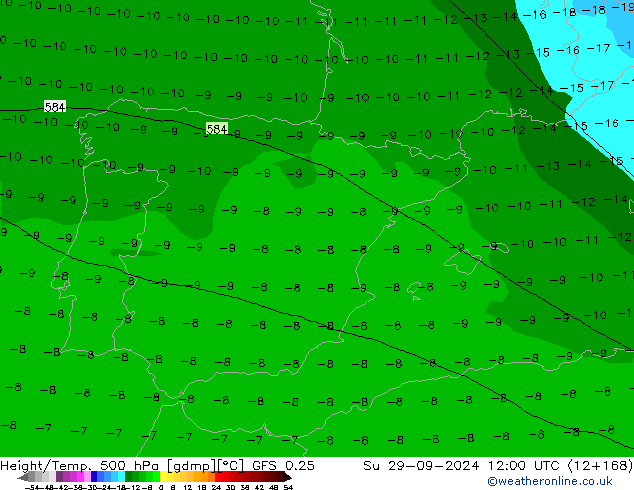 Height/Temp. 500 hPa GFS 0.25 nie. 29.09.2024 12 UTC