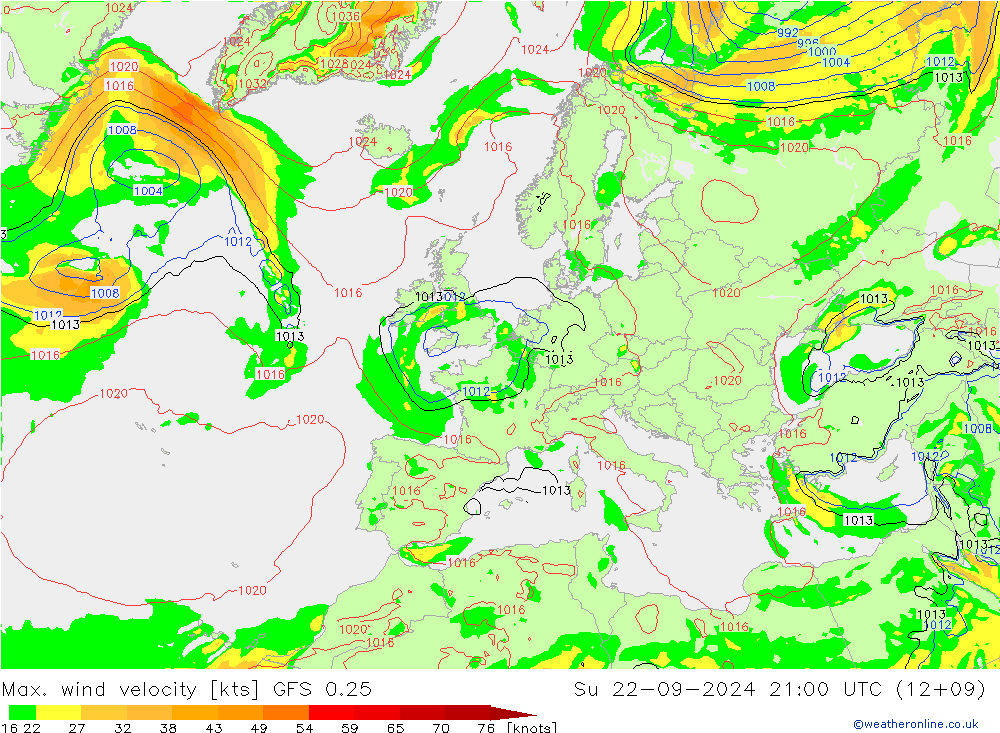 Max. wind velocity GFS 0.25 Su 22.09.2024 21 UTC