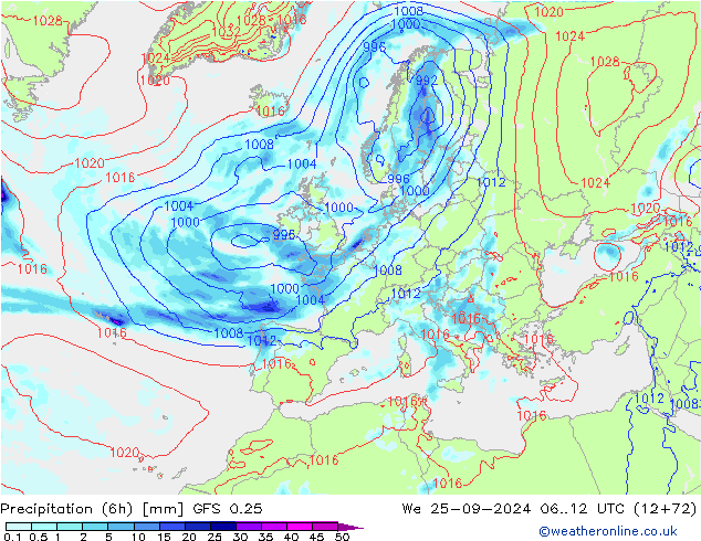 Z500/Rain (+SLP)/Z850 GFS 0.25 We 25.09.2024 12 UTC