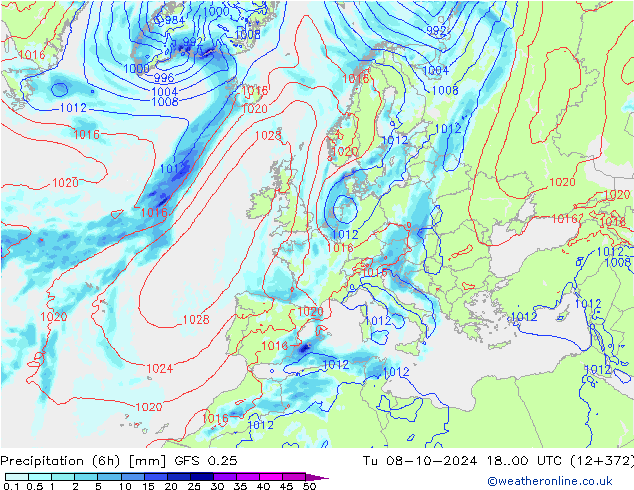 Z500/Rain (+SLP)/Z850 GFS 0.25 mar 08.10.2024 00 UTC