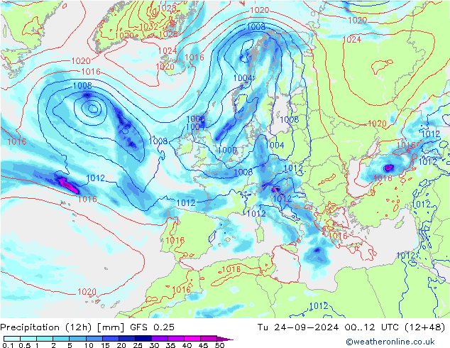 Totale neerslag (12h) GFS 0.25 di 24.09.2024 12 UTC