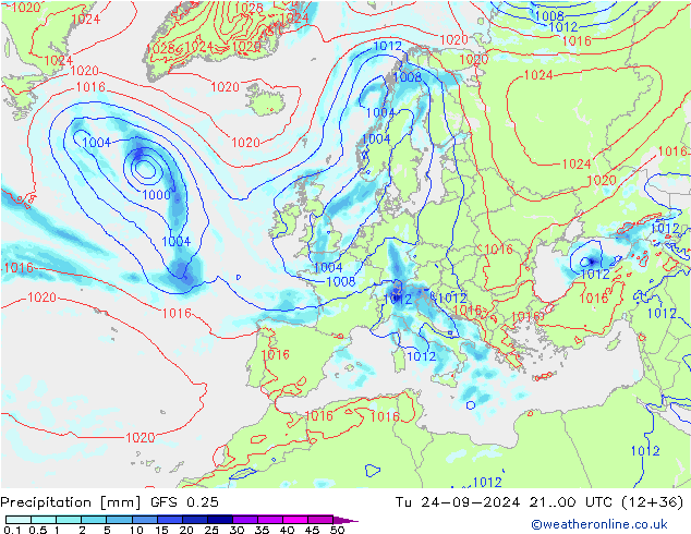 Precipitation GFS 0.25 Tu 24.09.2024 00 UTC