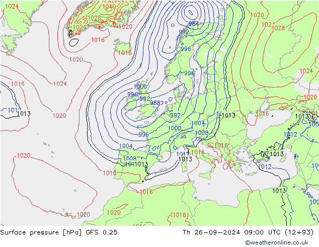 Atmosférický tlak GFS 0.25 Čt 26.09.2024 09 UTC