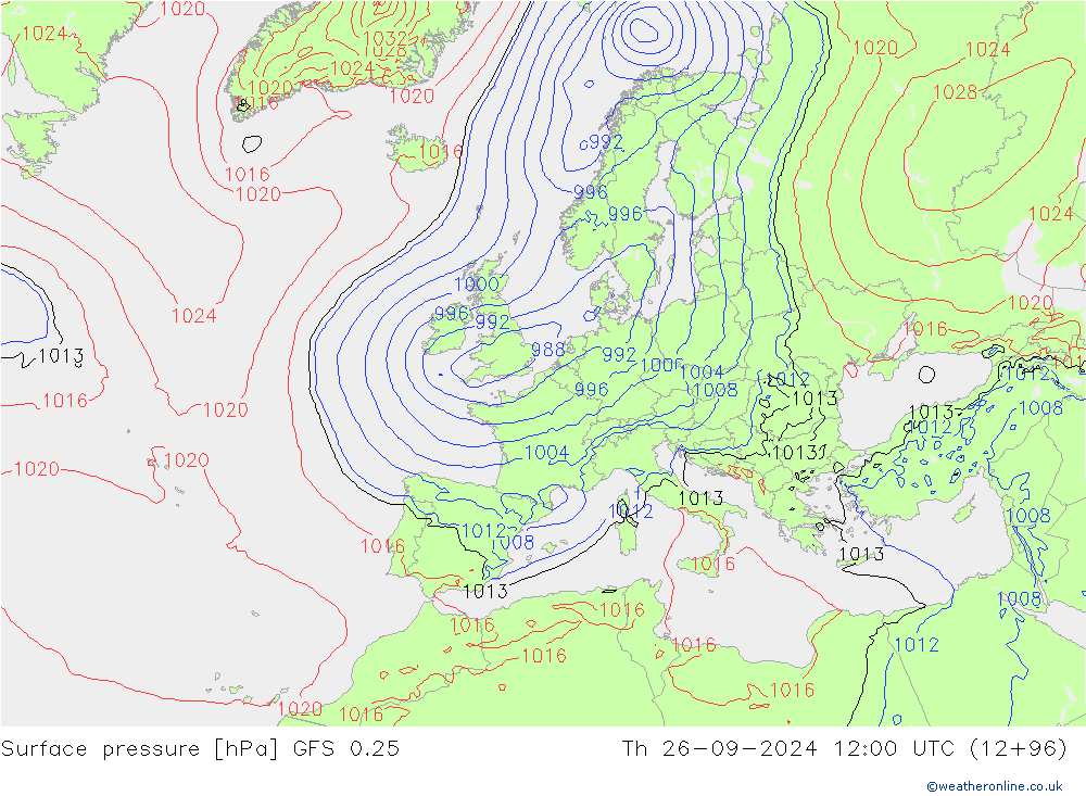 Pressione al suolo GFS 0.25 gio 26.09.2024 12 UTC