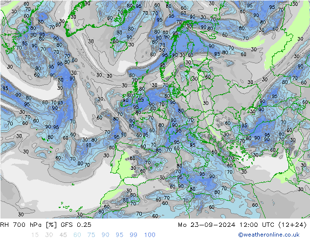 RH 700 hPa GFS 0.25 lun 23.09.2024 12 UTC