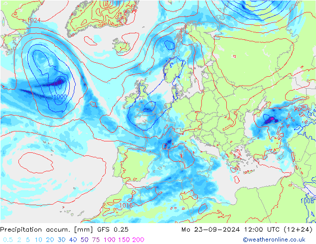 Totale neerslag GFS 0.25 ma 23.09.2024 12 UTC