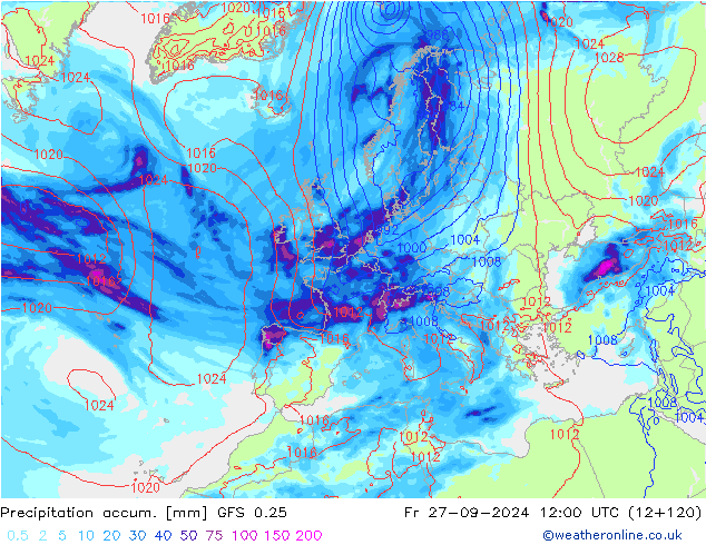 Precipitation accum. GFS 0.25 Fr 27.09.2024 12 UTC