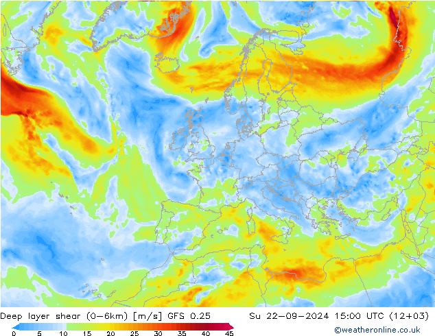 Deep layer shear (0-6km) GFS 0.25  22.09.2024 15 UTC