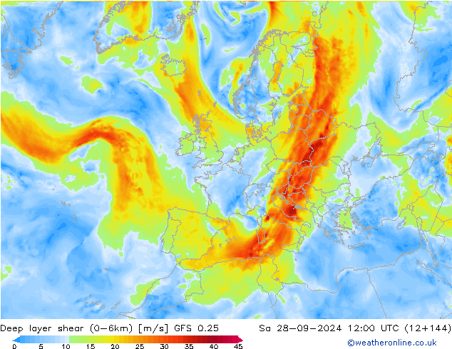 Deep layer shear (0-6km) GFS 0.25 za 28.09.2024 12 UTC