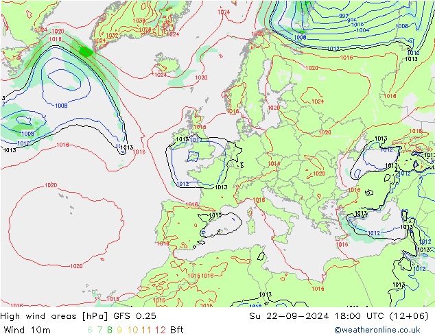 High wind areas GFS 0.25 星期日 22.09.2024 18 UTC