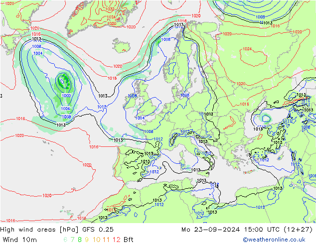 High wind areas GFS 0.25 Mo 23.09.2024 15 UTC