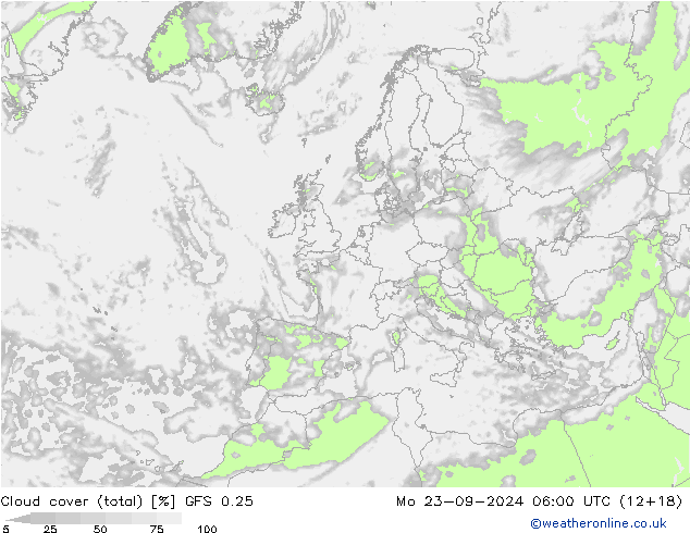 Cloud cover (total) GFS 0.25 Mo 23.09.2024 06 UTC