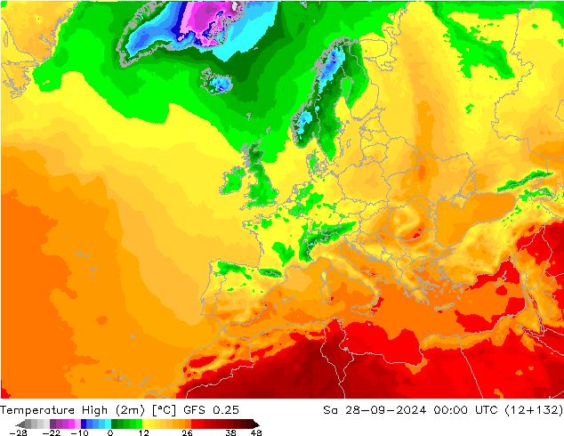 Temperatura máx. (2m) GFS 0.25 sáb 28.09.2024 00 UTC