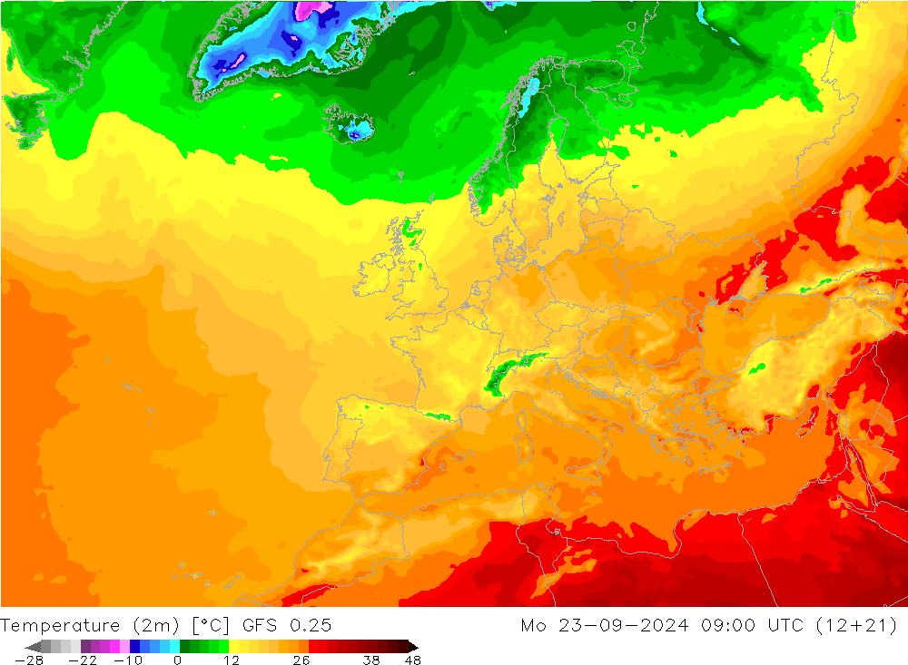 Temperatura (2m) GFS 0.25 lun 23.09.2024 09 UTC