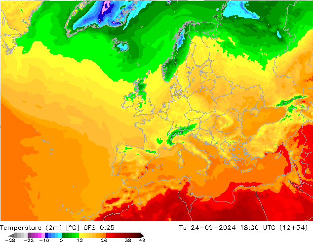 Temperaturkarte (2m) GFS 0.25 Di 24.09.2024 18 UTC