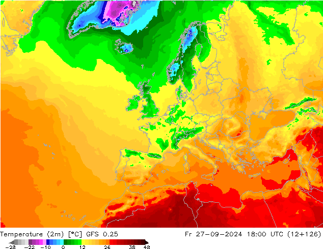 Temperatura (2m) GFS 0.25 Sex 27.09.2024 18 UTC