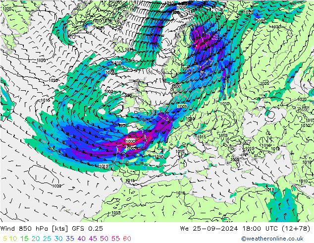 Wind 850 hPa GFS 0.25 Mi 25.09.2024 18 UTC