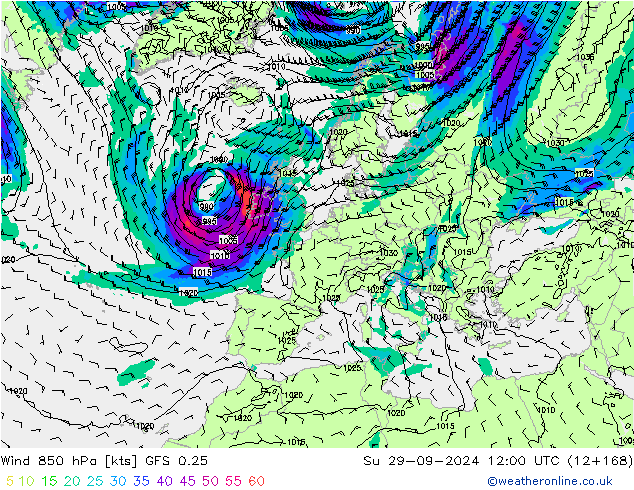 Wind 850 hPa GFS 0.25 Su 29.09.2024 12 UTC