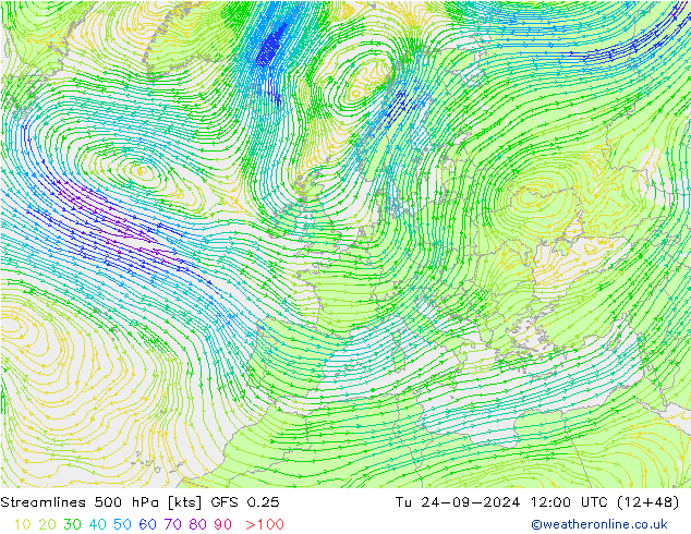 Stroomlijn 500 hPa GFS 0.25 di 24.09.2024 12 UTC