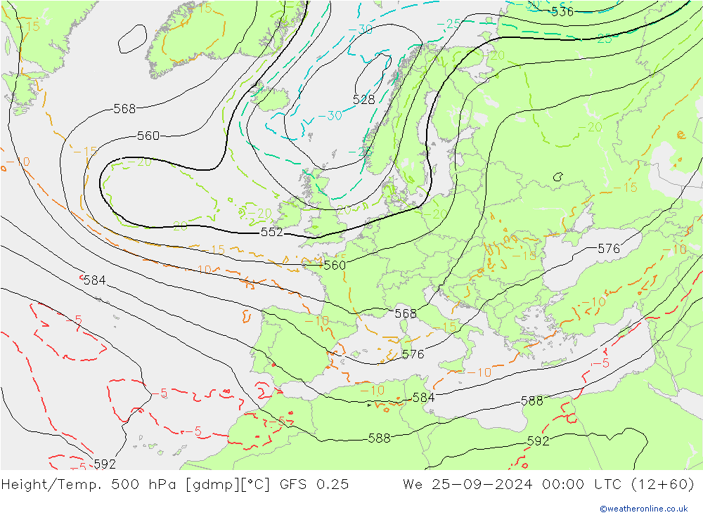 Z500/Rain (+SLP)/Z850 GFS 0.25 Qua 25.09.2024 00 UTC