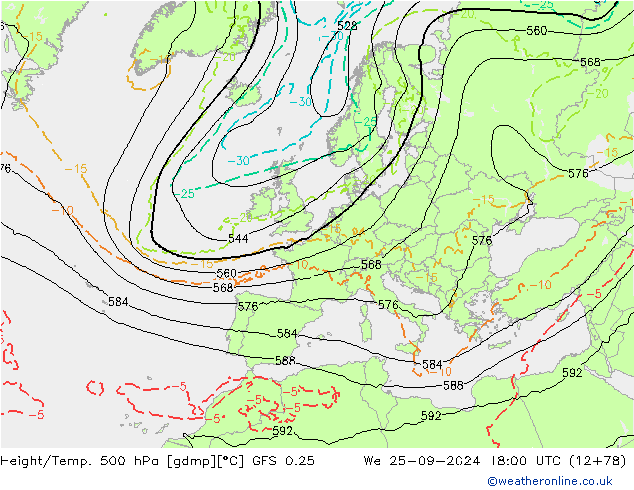 Z500/Rain (+SLP)/Z850 GFS 0.25 śro. 25.09.2024 18 UTC