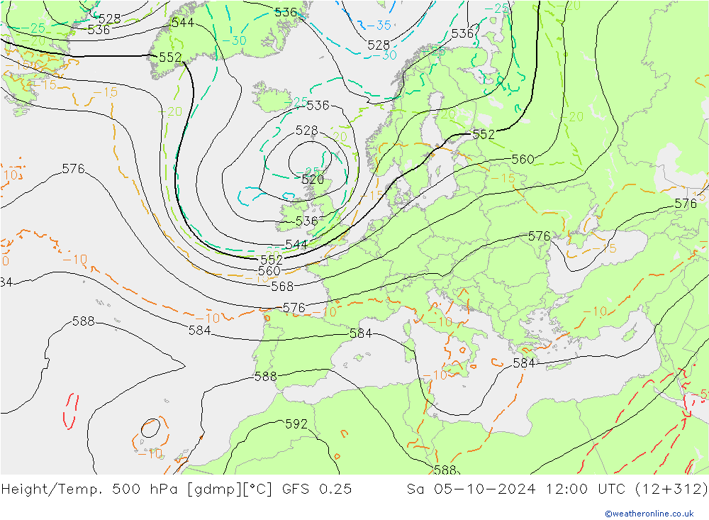 Z500/Rain (+SLP)/Z850 GFS 0.25 Sa 05.10.2024 12 UTC