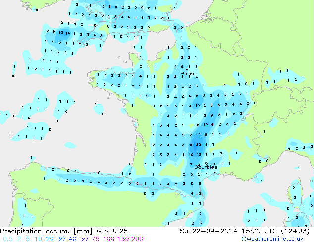 Totale neerslag GFS 0.25 zo 22.09.2024 15 UTC