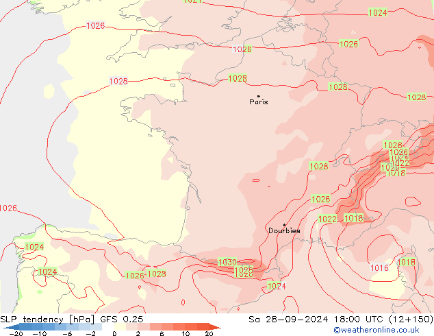 SLP tendency GFS 0.25 Sa 28.09.2024 18 UTC