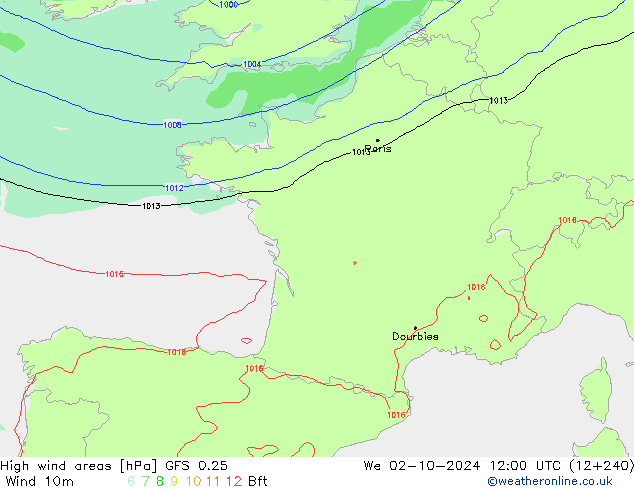 yüksek rüzgarlı alanlar GFS 0.25 Çar 02.10.2024 12 UTC