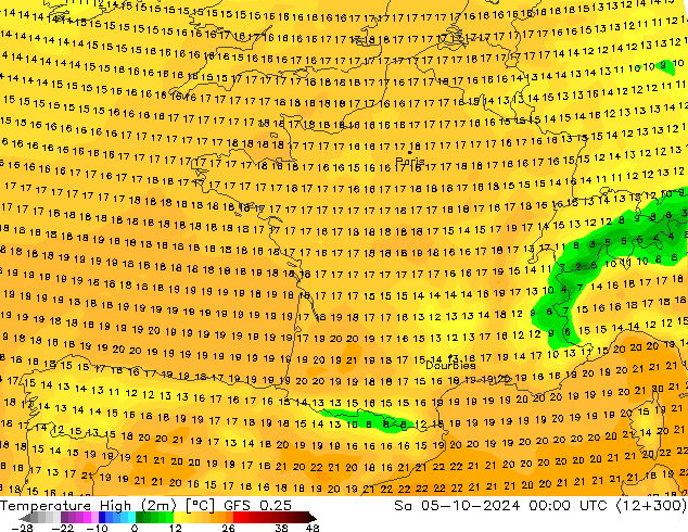 Max. Temperatura (2m) GFS 0.25 so. 05.10.2024 00 UTC