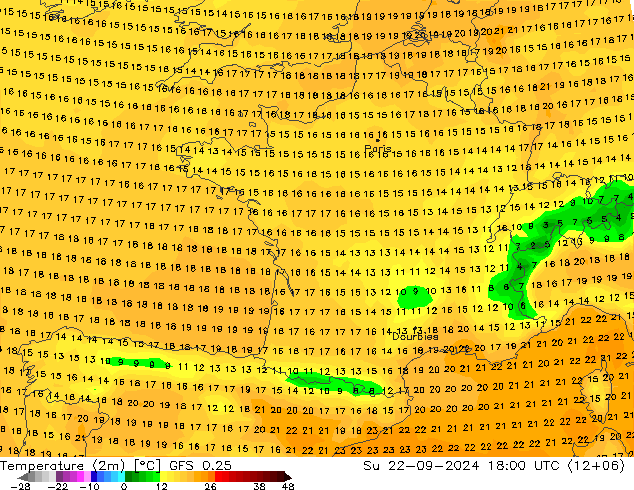 Temperaturkarte (2m) GFS 0.25 So 22.09.2024 18 UTC